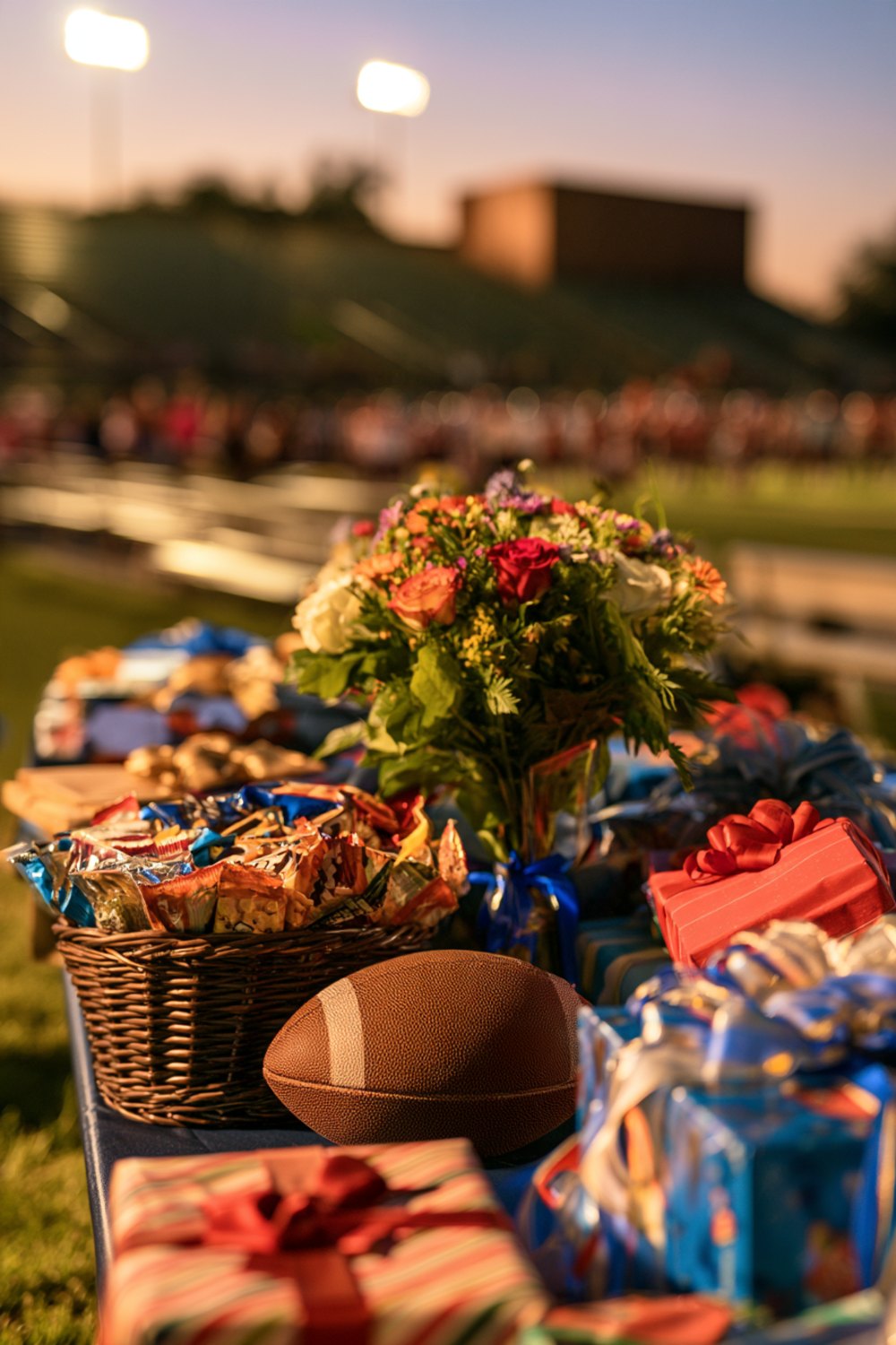 Senior night gift table with baskets, flowers, a football and wrapped presents beside a field at dusk, wider view