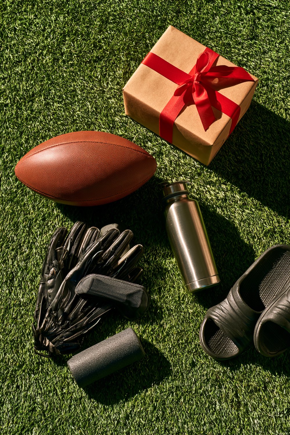 Flat lay on turf of a football, receiver gloves, mouthguard case, foam roller, water bottle, slides and a wrapped gift