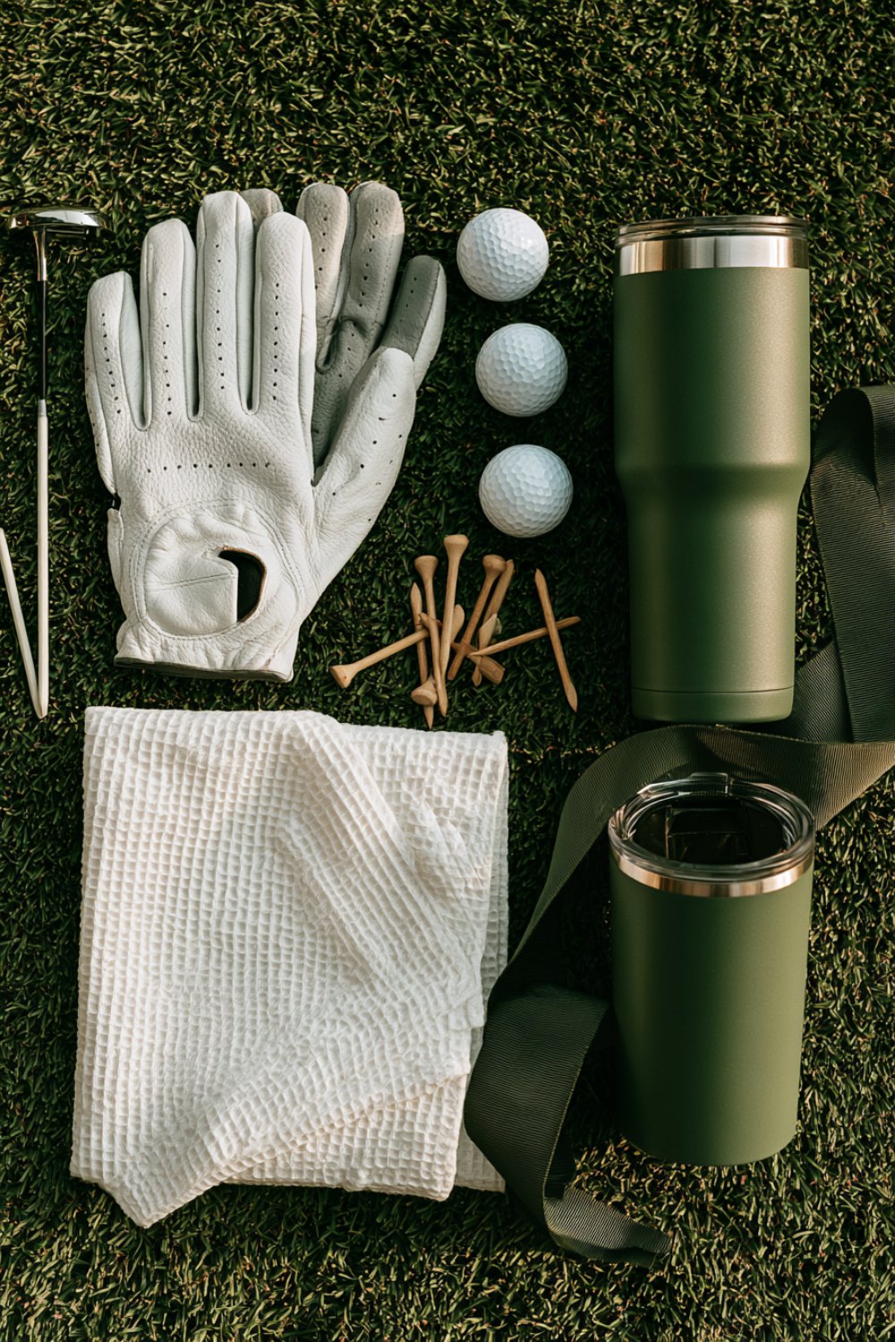 White golf glove, balls, wooden tees, a waffle towel and a green tumbler laid out on grass