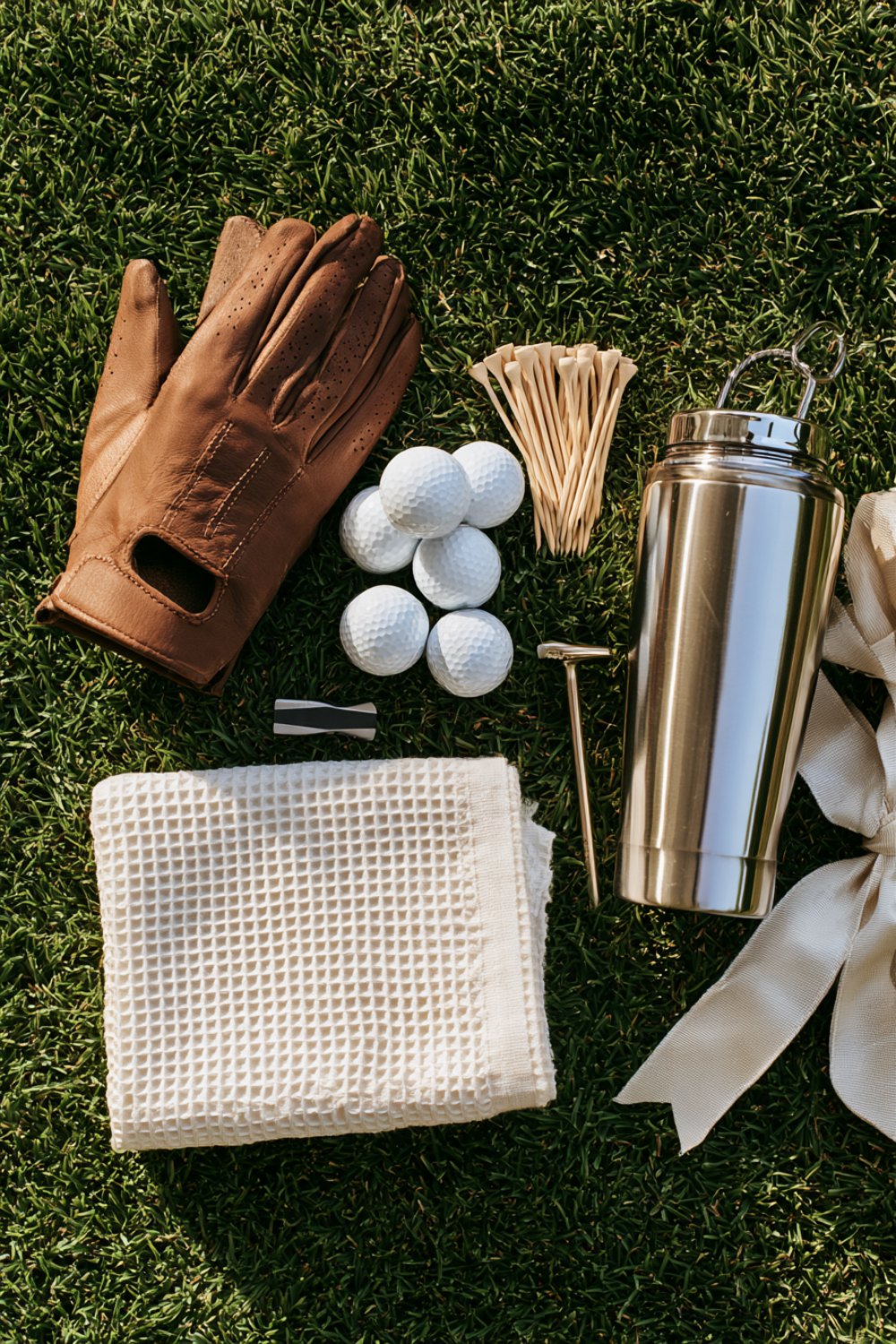 Brown leather golf glove, golf balls, tees and a towel arranged with a steel tumbler and ribbon