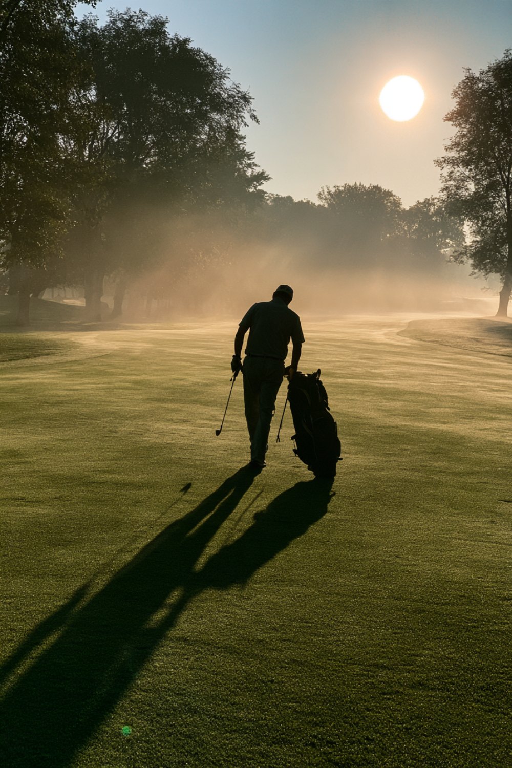 Golfer silhouetted from behind on a misty fairway at sunrise pulling a club from a bag