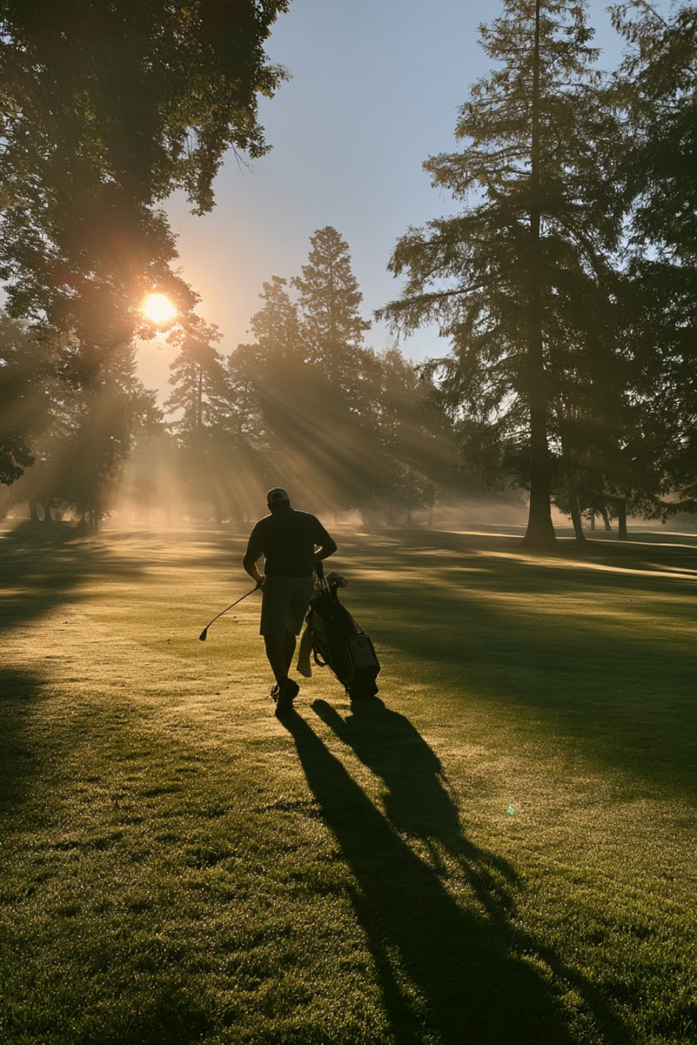 Golfer seen from behind walking a misty fairway with a pull cart and long morning shadows