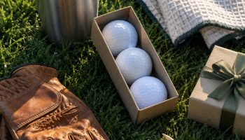 Flat lay of golf gifts on grass: a leather glove, a sleeve of white balls, wooden tees, a waffle towel, a steel tumbler and a wrapped box