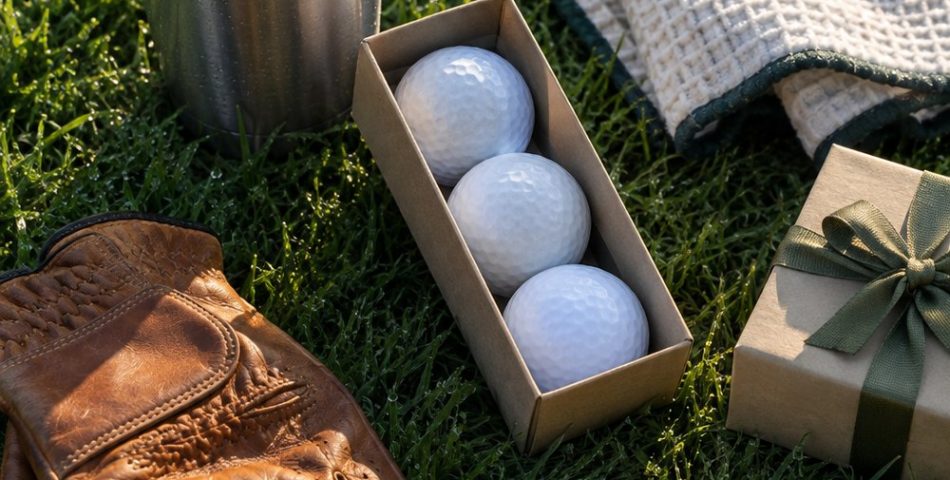Flat lay of golf gifts on grass: a leather glove, a sleeve of white balls, wooden tees, a waffle towel, a steel tumbler and a wrapped box