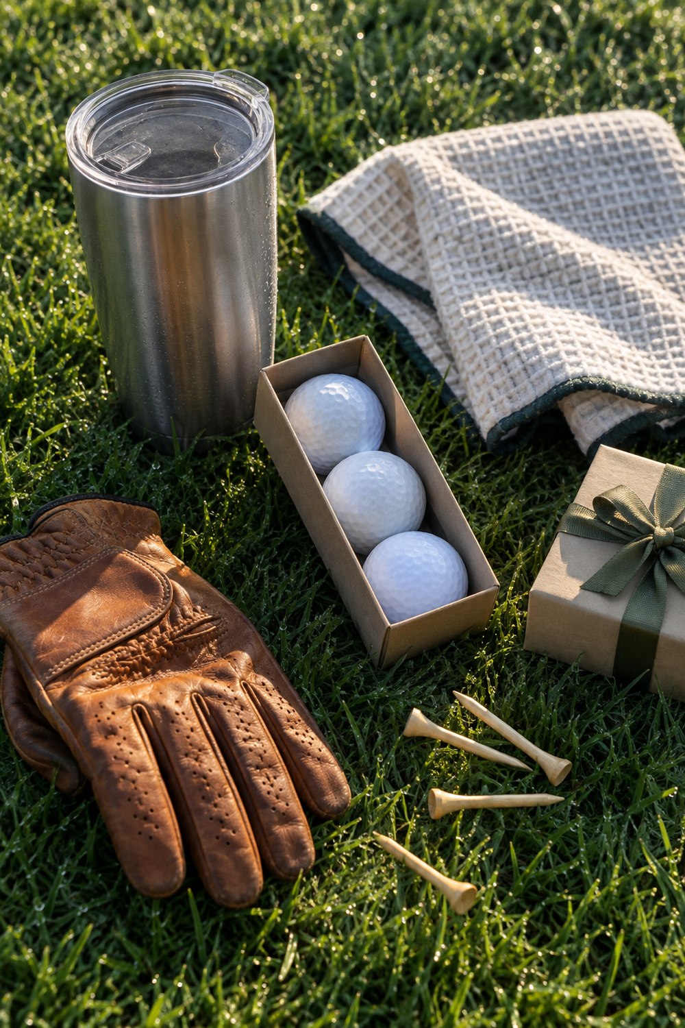Flat lay of golf gifts on grass: a leather glove, a sleeve of white balls, wooden tees, a waffle towel, a steel tumbler and a wrapped box