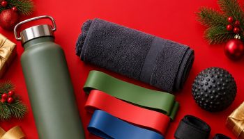 Gifts for gym lovers on a red background: water bottle, towel, resistance bands, massage ball, lifting straps and earbuds among wrapped presents