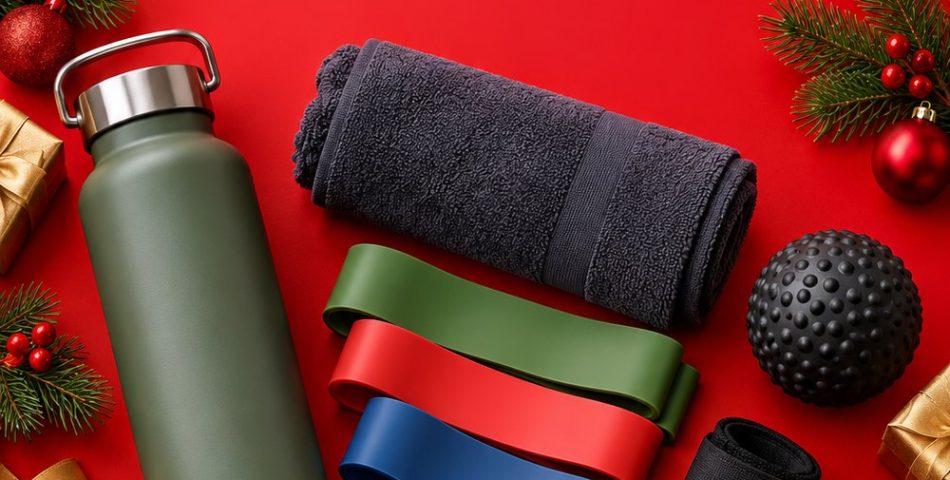 Gifts for gym lovers on a red background: water bottle, towel, resistance bands, massage ball, lifting straps and earbuds among wrapped presents