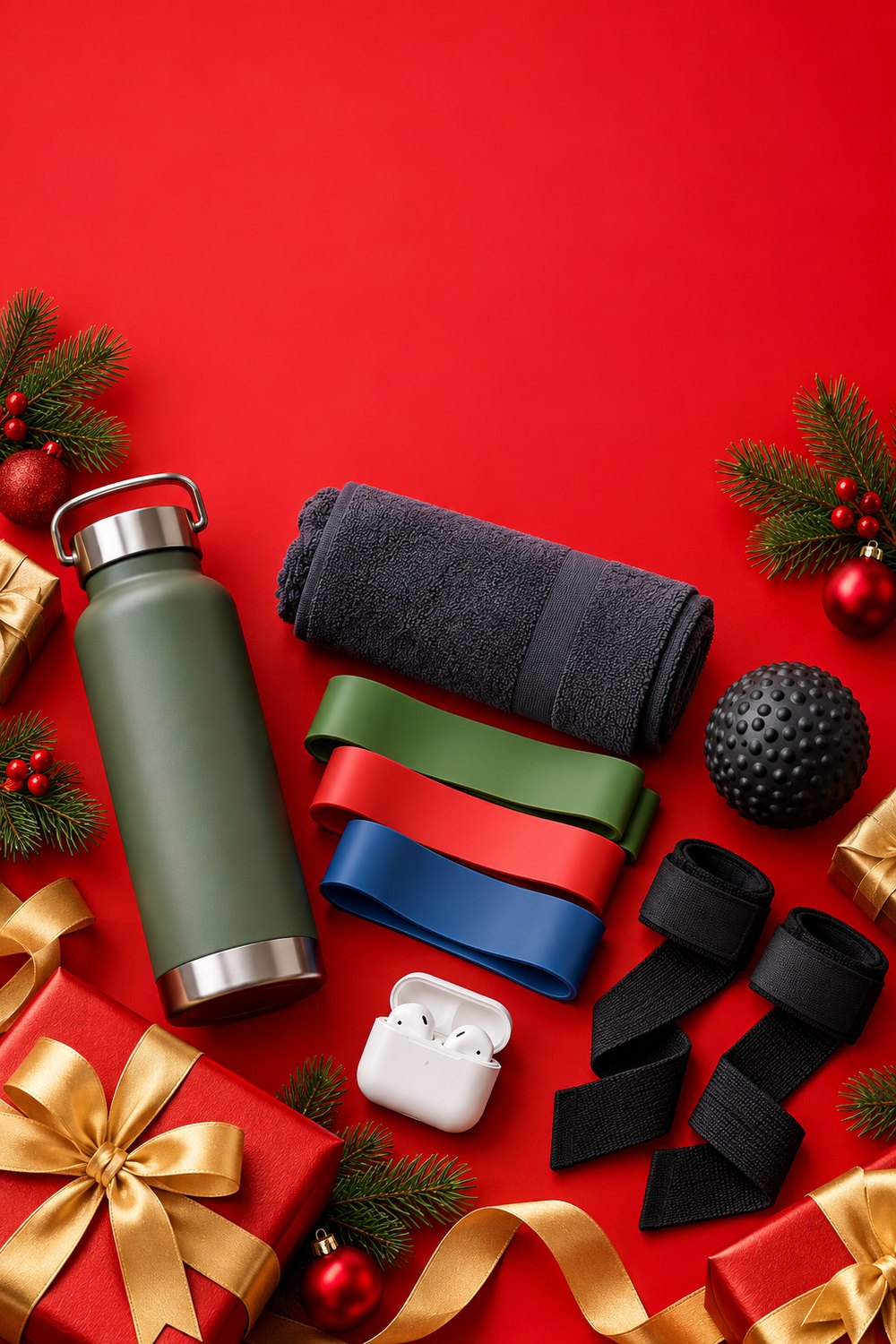 Gifts for gym lovers on a red background: water bottle, towel, resistance bands, massage ball, lifting straps and earbuds among wrapped presents