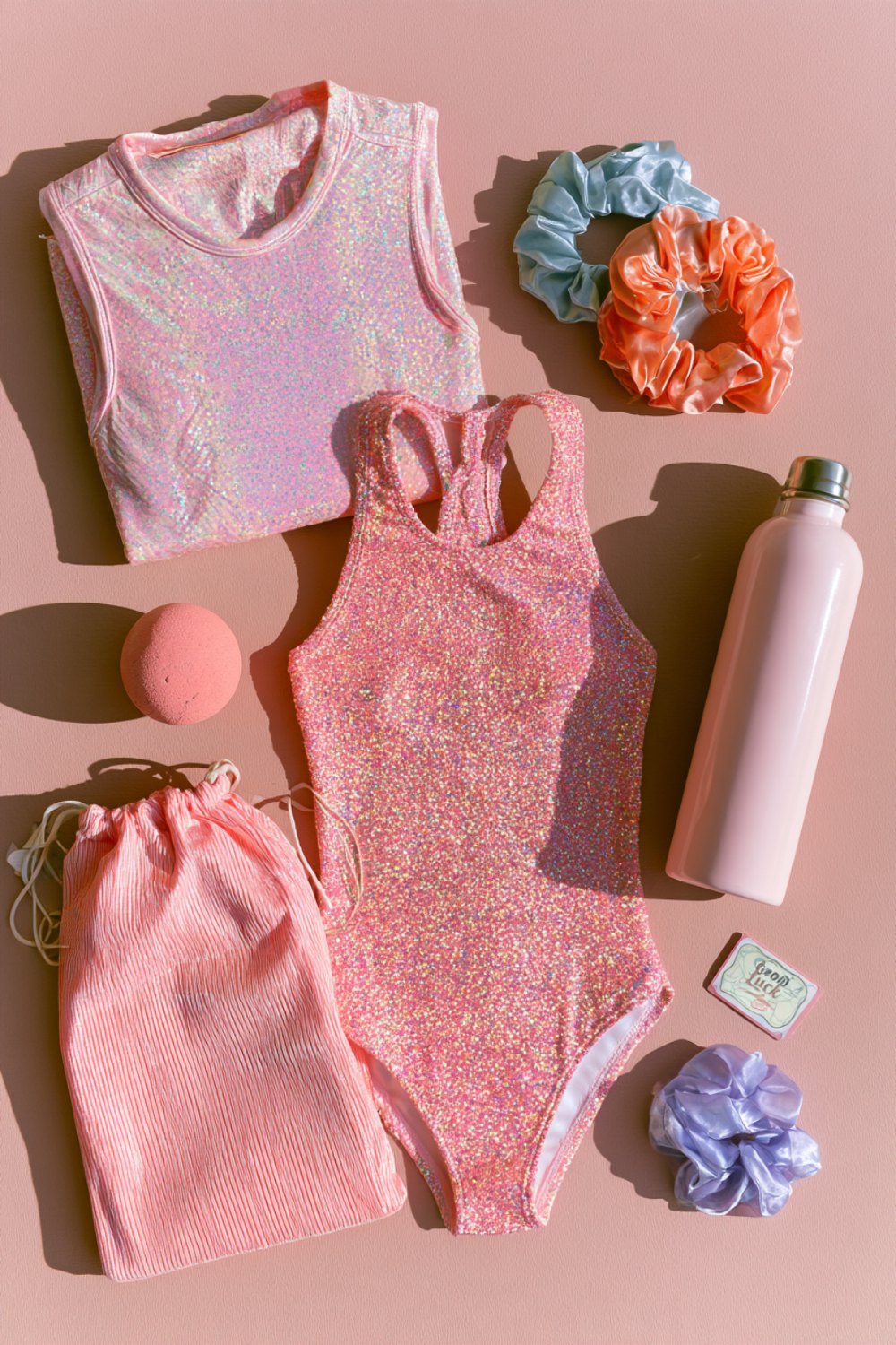 Gymnastics gift flat lay on pink: a sparkly leotard, drawstring grips bag, scrunchies and a water bottle