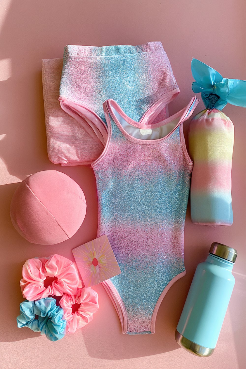 Pastel leotard, scrunchies, a chalk ball and a water bottle laid out as a meet day gift