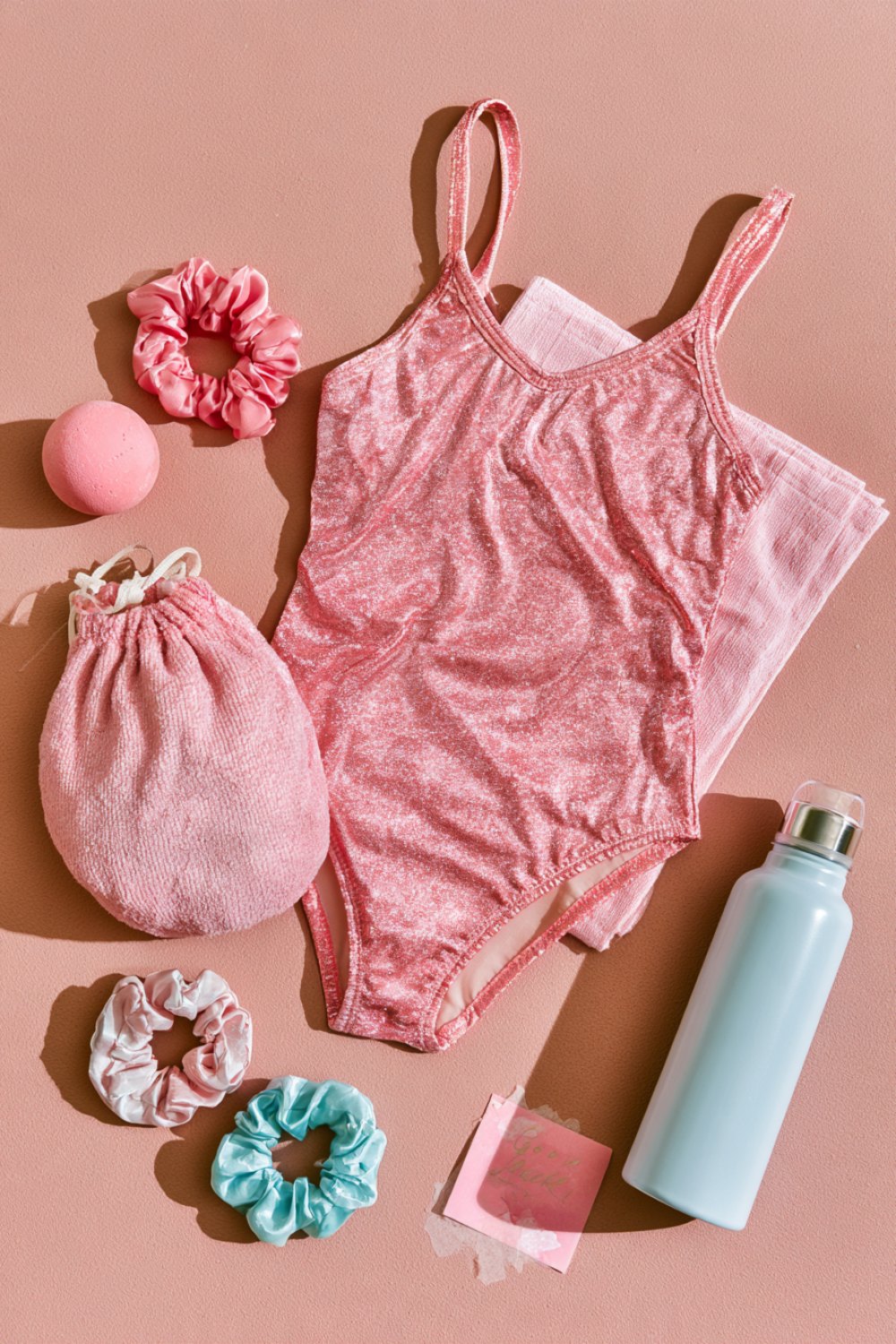 Pink leotard, grips bag, scrunchies and a water bottle arranged on a pink background