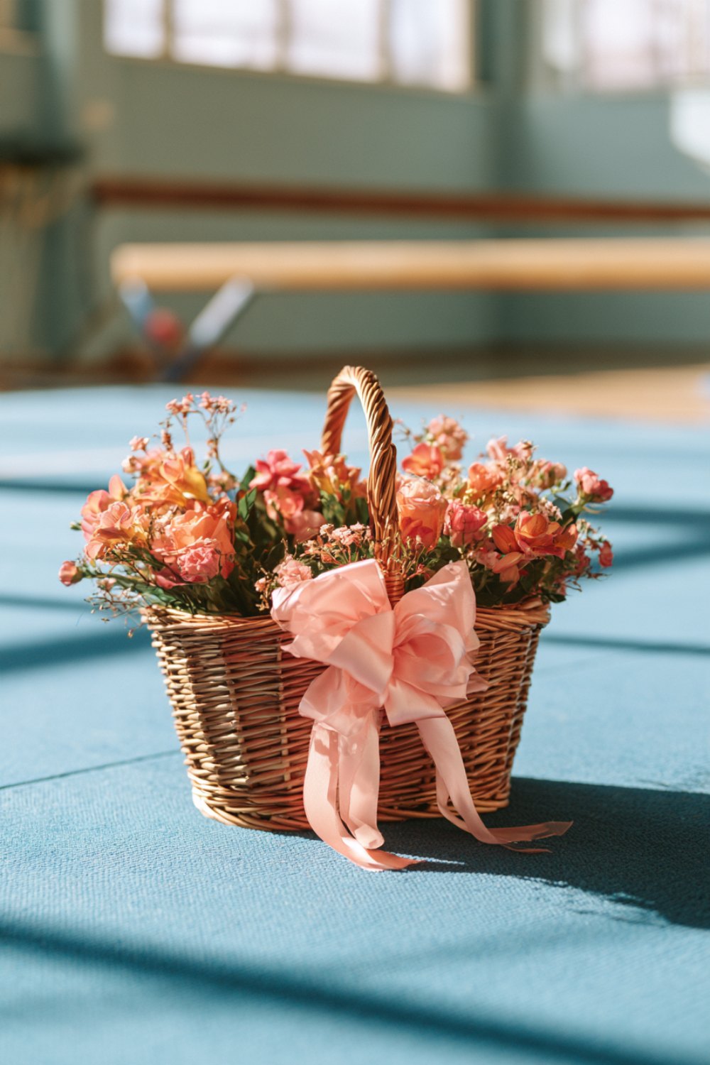 Gift basket with flowers and a pink ribbon on a blue floor mat in an empty gymnastics gym