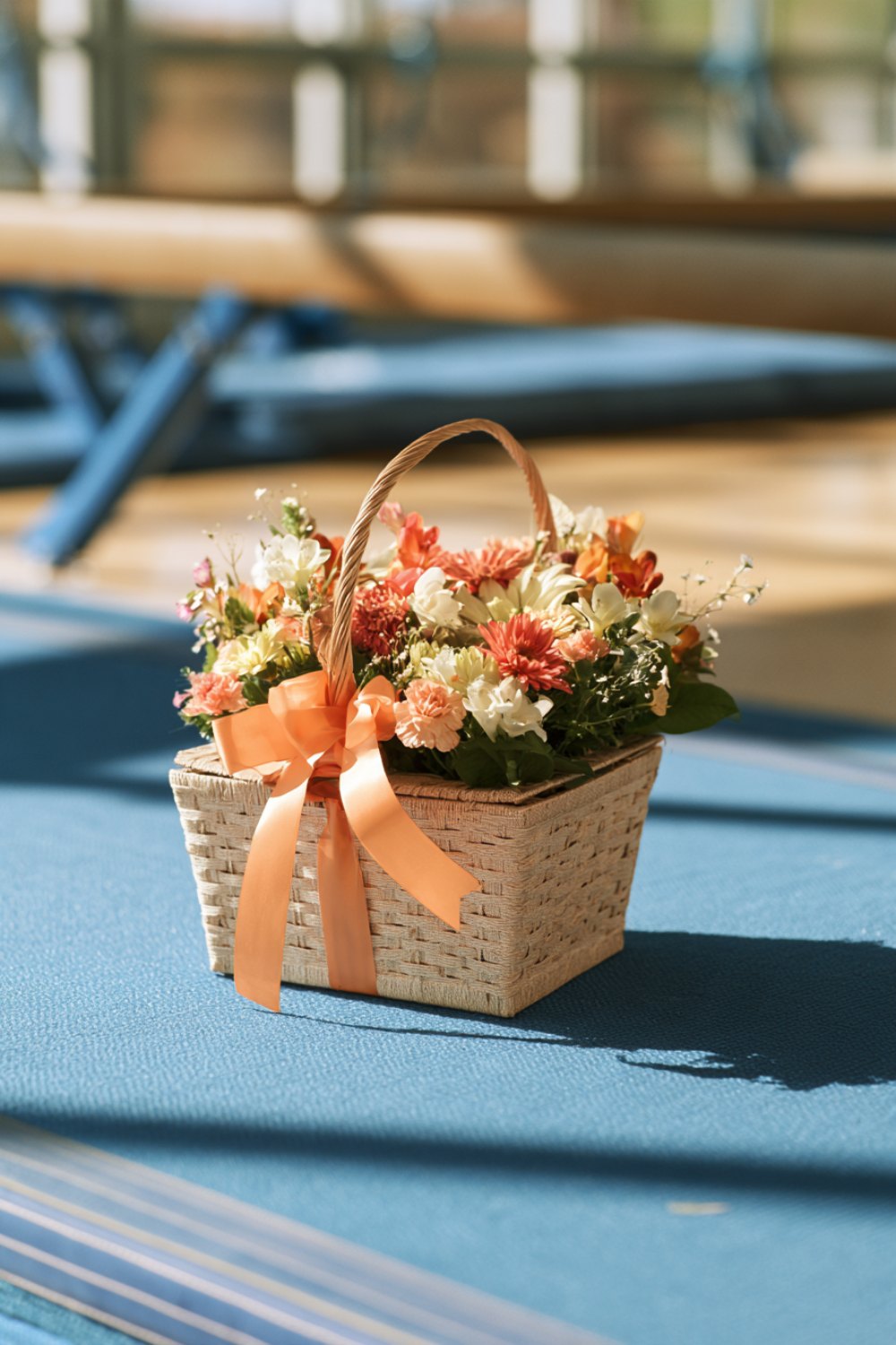 Wicker gift basket with flowers and an orange bow on a gym floor near the balance beam