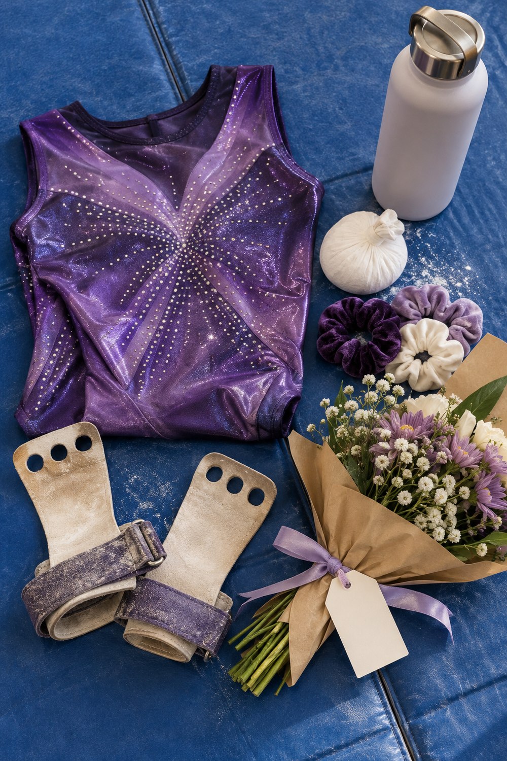 Flat lay on a blue gymnastics mat with a sparkly purple leotard, leather grips, a chalk ball, scrunchies, a water bottle and a small bouquet