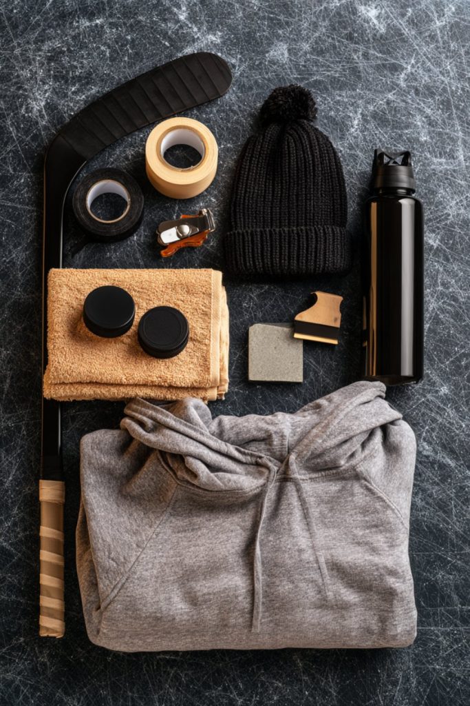 Flat lay of hockey gifts on an ice-texture background: stick tape, pucks, wax, beanie and water bottle