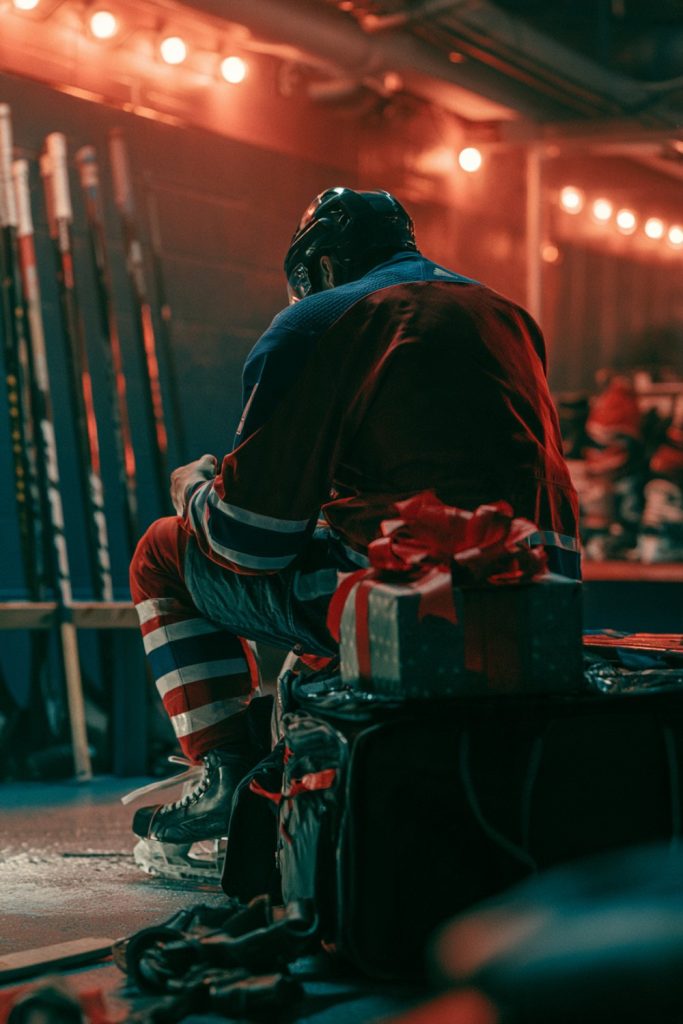 Player in a locker room with an open hockey bag and a ribbon-wrapped present, warm rink lights