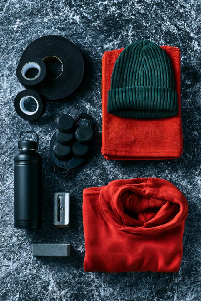 Pucks, tape rolls, a green beanie and a red towel arranged as rink gift ideas