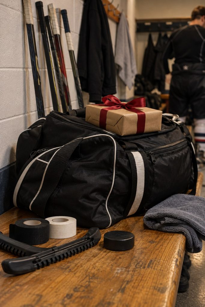 Hockey bag on a locker room bench with a wrapped gift, stick tape, skate guards and a puck