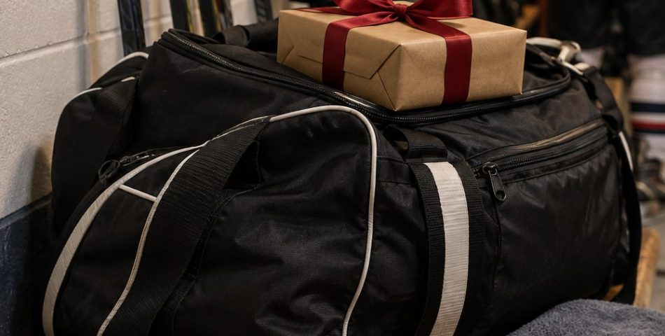 Hockey bag on a locker room bench with a wrapped gift, stick tape, skate guards and a puck