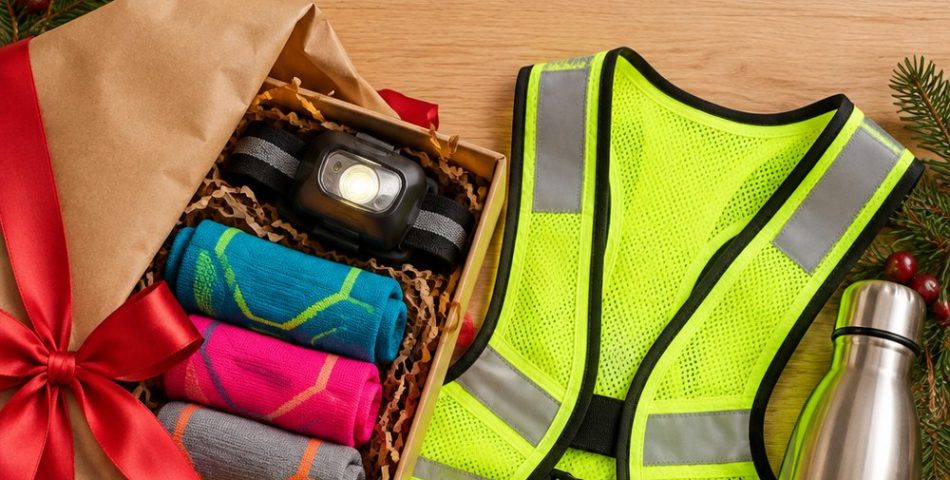 Gifts for runners flat lay with running socks, headlamp, reflective vest, water bottle and foam roller wrapped for Christmas