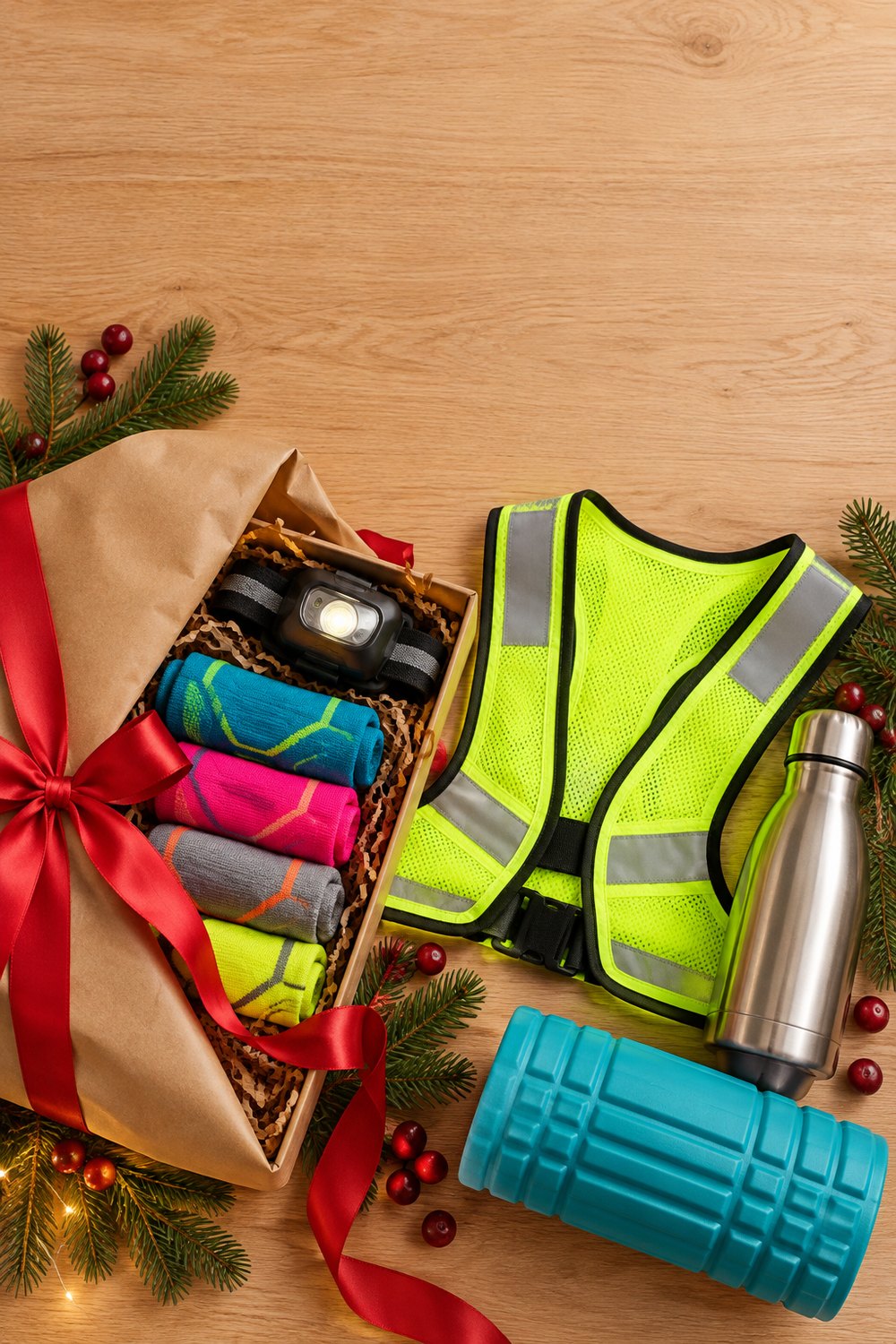 Gifts for runners flat lay with running socks, headlamp, reflective vest, water bottle and foam roller wrapped for Christmas