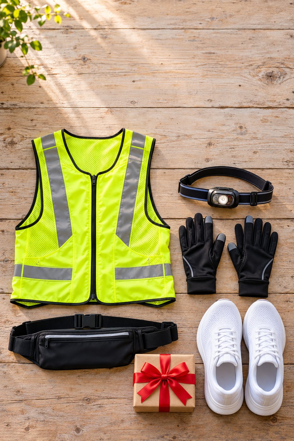 Gifts for runners flat lay with neon reflective vest, headlamp, running gloves, running belt and white running shoes