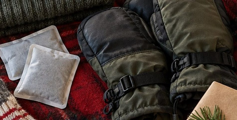 Flat lay of gifts for skiers on a red plaid blanket: knit beanie, goggles, mittens, hand warmers, wool socks, a thermos and a wrapped gift