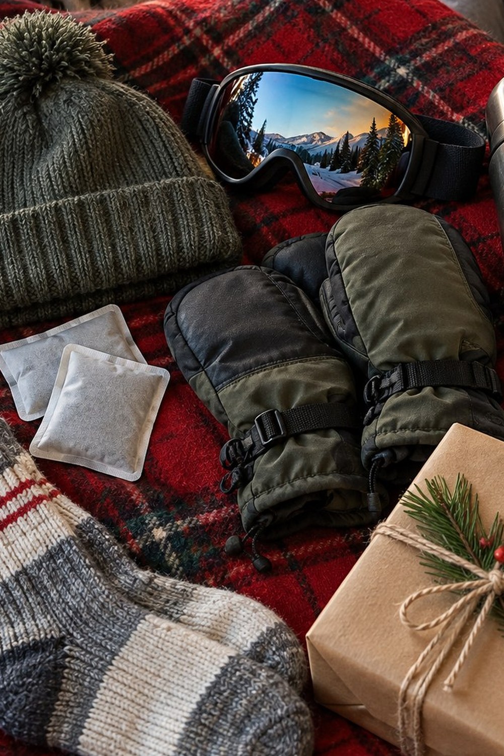 Flat lay of gifts for skiers on a red plaid blanket: knit beanie, goggles, mittens, hand warmers, wool socks, a thermos and a wrapped gift