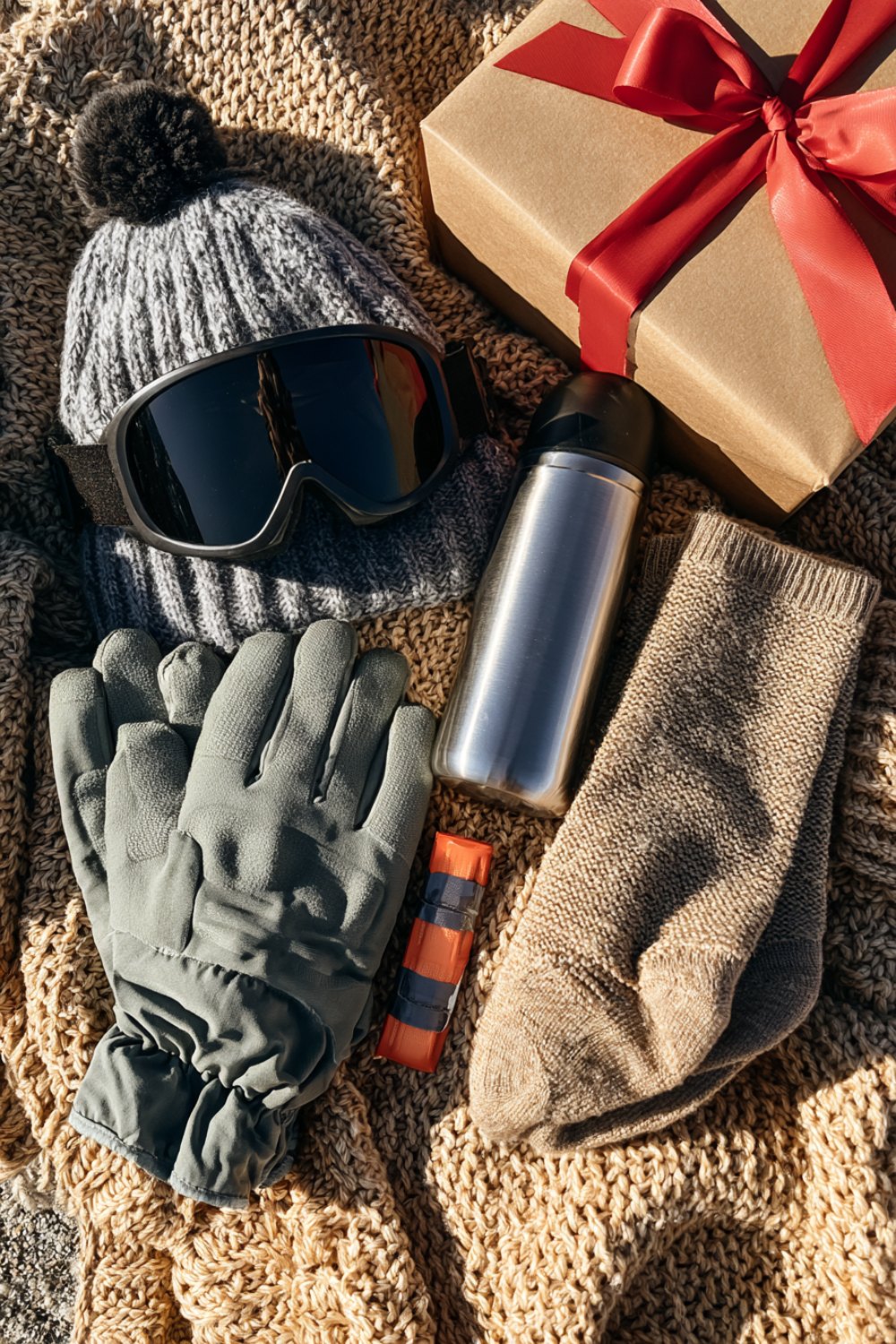 Ski gift flat lay on a wool blanket with a beanie, goggles, gloves, a thermos and a wrapped box