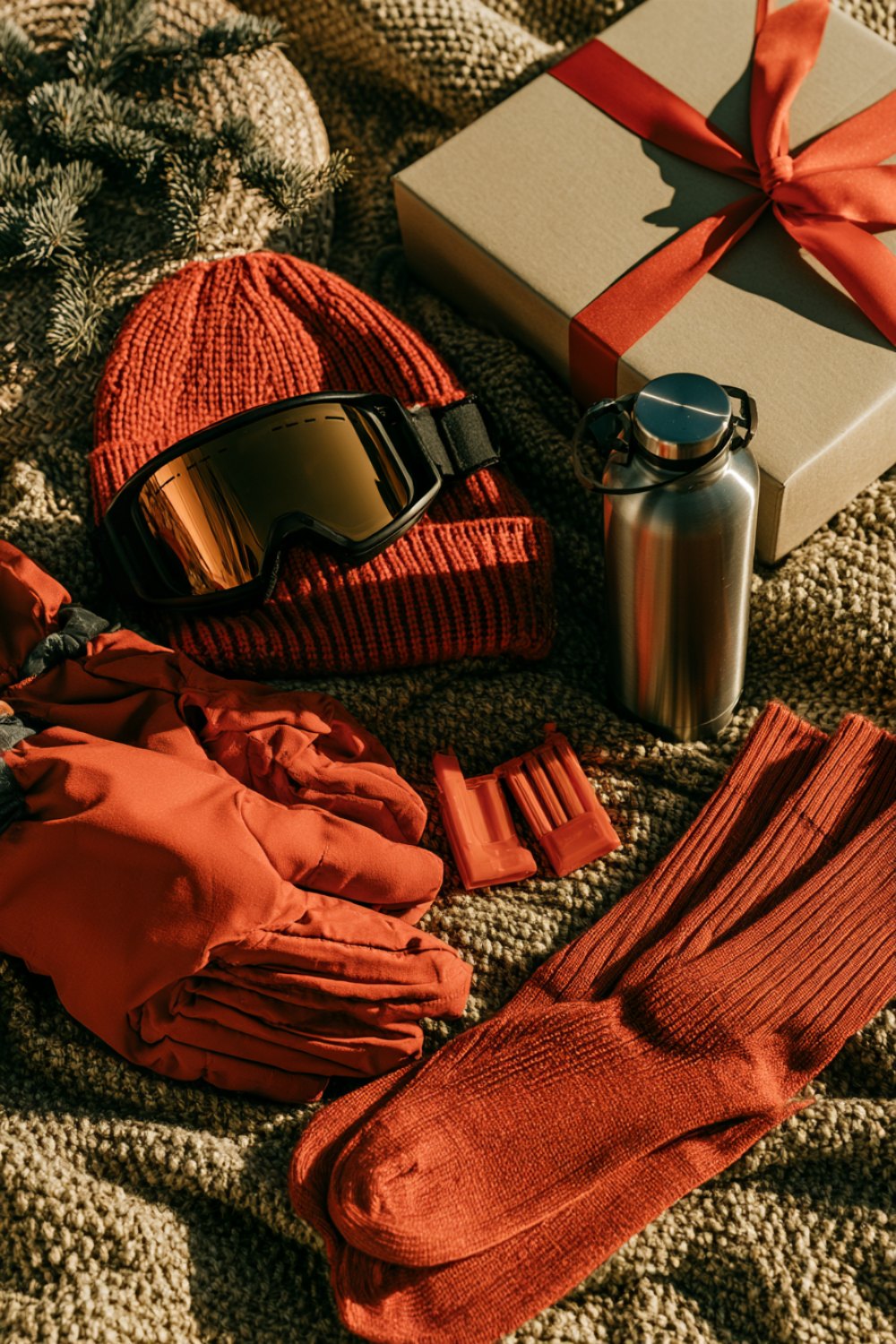 Red ski gloves, goggles, a beanie and a thermos beside a gift box with a red ribbon