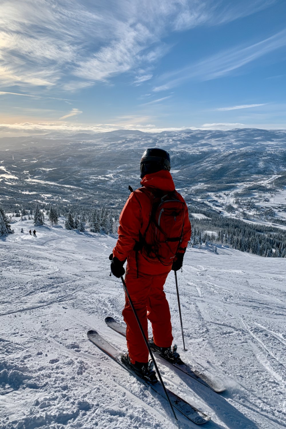 Skier in a red jacket seen from behind standing on a snowy ridge under a blue sky