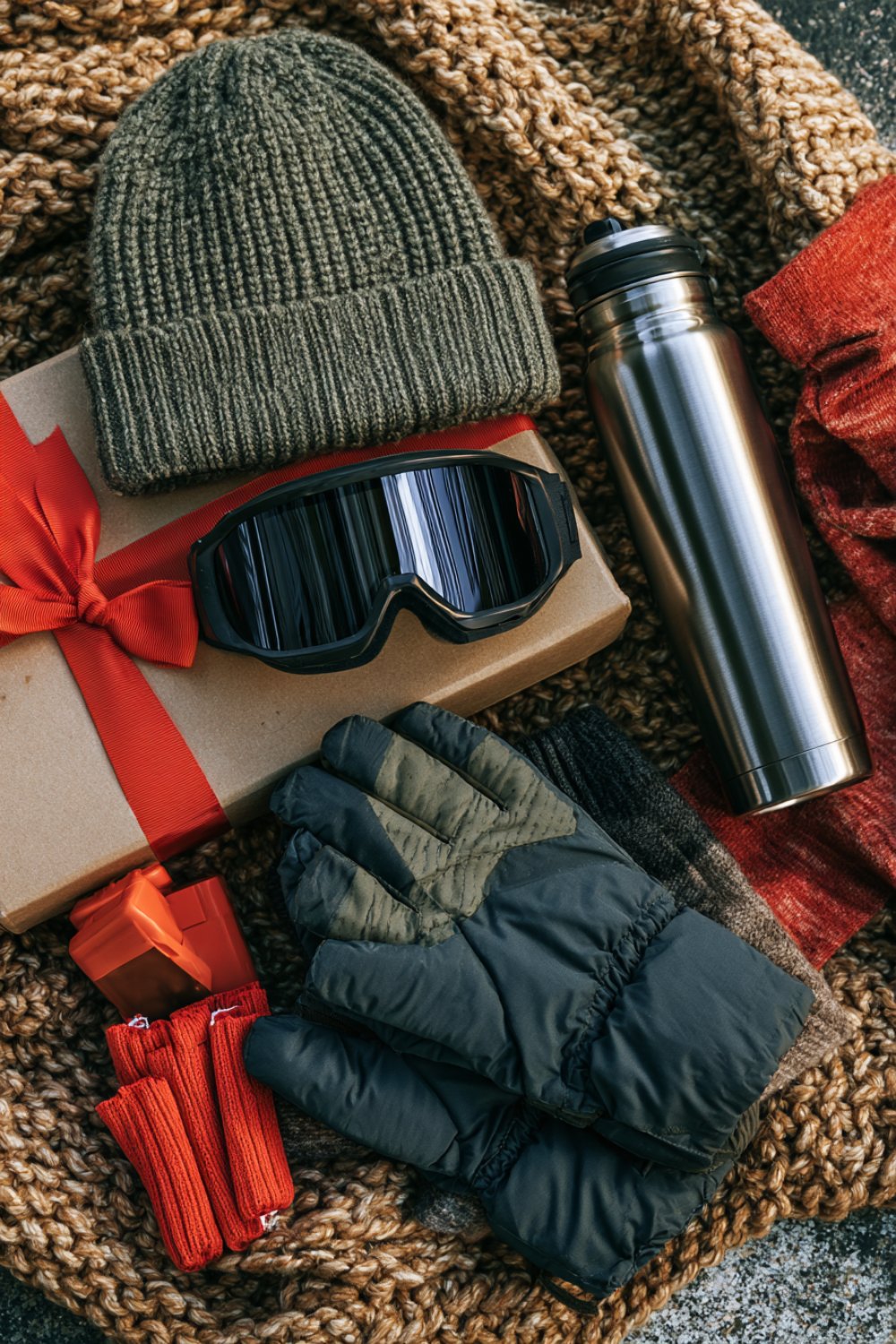 Wrapped gift, knit beanie, goggles, insulated mittens and a thermos on a cozy blanket