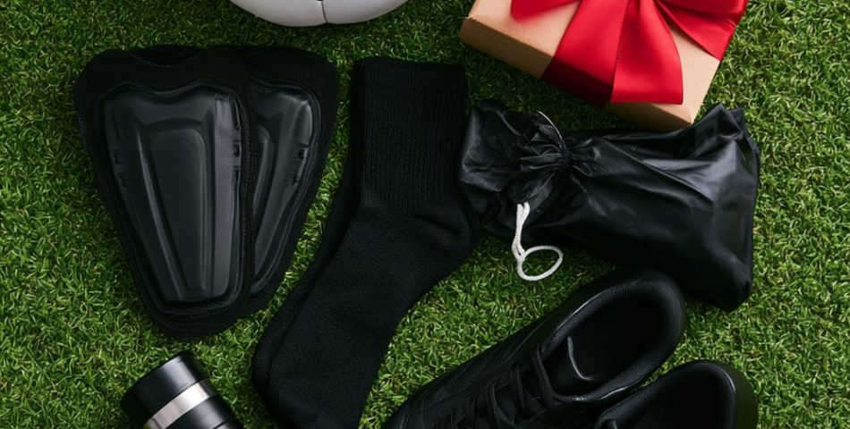 Flat lay of soccer gift ideas on green turf: a black and white soccer ball, shin guards, socks, black cleats, a water bottle and a gift box with a red bow