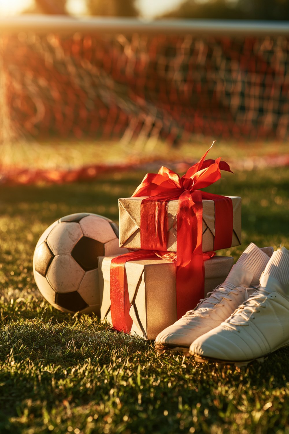 Wrapped gift boxes with red ribbons on a grass soccer field beside a ball and white cleats at golden hour