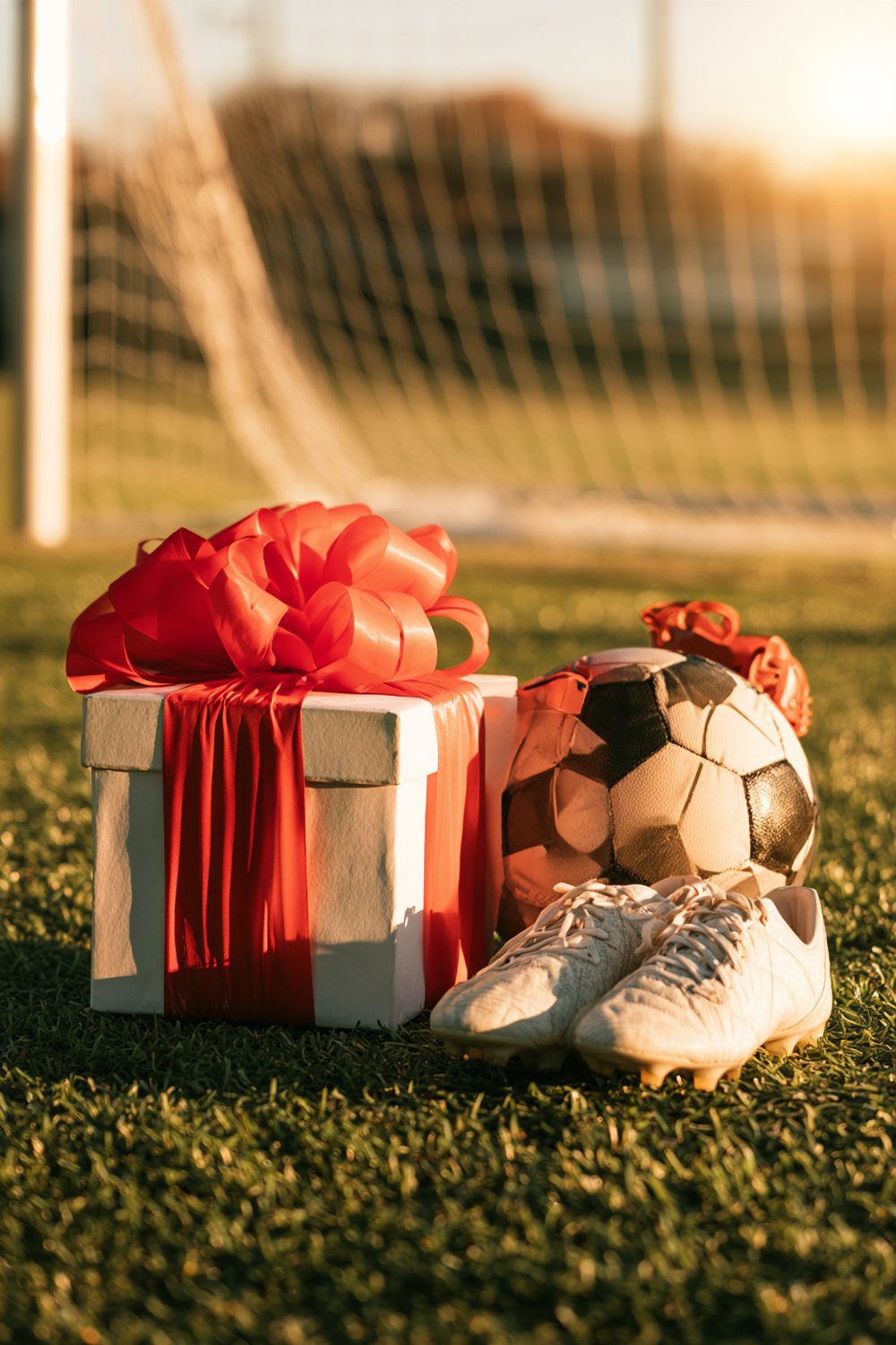 Gift box with a big red bow next to a soccer ball and white cleats in front of a goal net at sunset