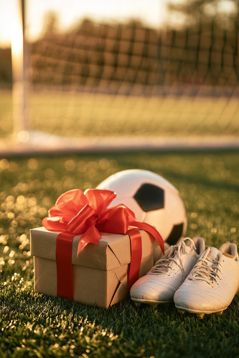 Kraft paper gift box with red ribbon, a soccer ball and white cleats on the grass by the goal