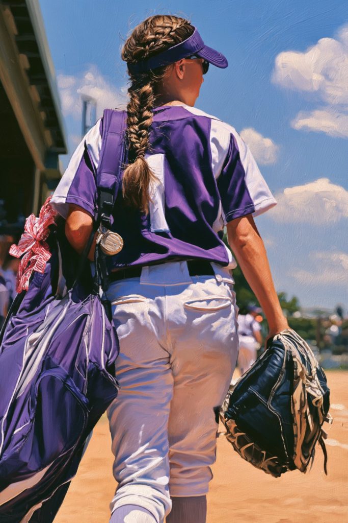 Player with a long braid and visor walking to the dugout with her glove and bat bag, seen from behind