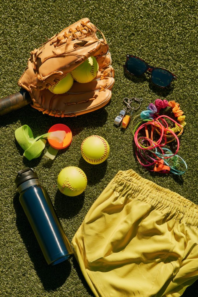 Softball gift flat lay with a glove holding balls, sunglasses, hair ties and a water bottle