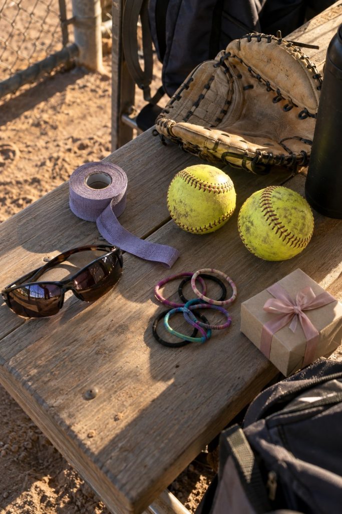 Dugout bench with a worn softball glove, two yellow fastpitch softballs, grip tape, sunglasses, hair ties and a small gift box