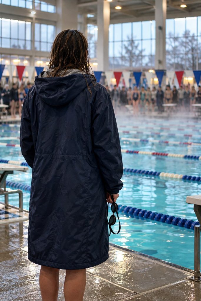 Swimmer seen from behind on an indoor pool deck in a long navy parka holding goggles