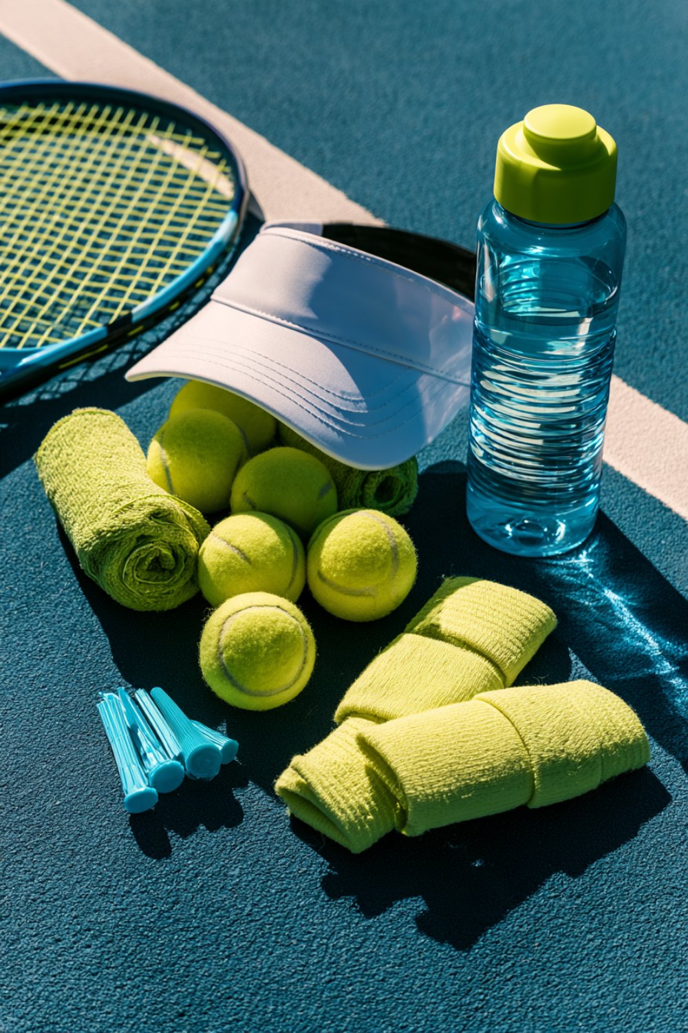 Racquet, visor, water bottle, balls and terry wristbands laid out on a hard court