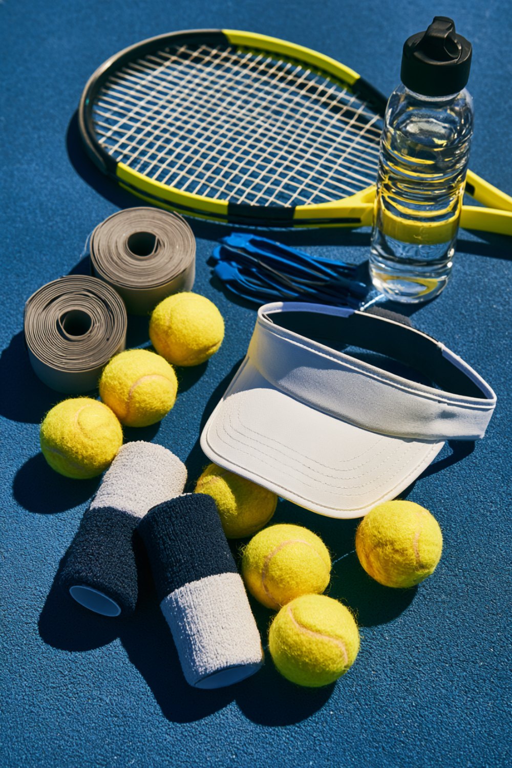 Tennis gift flat lay with overgrip rolls, wristbands, a visor and a racquet on a blue court