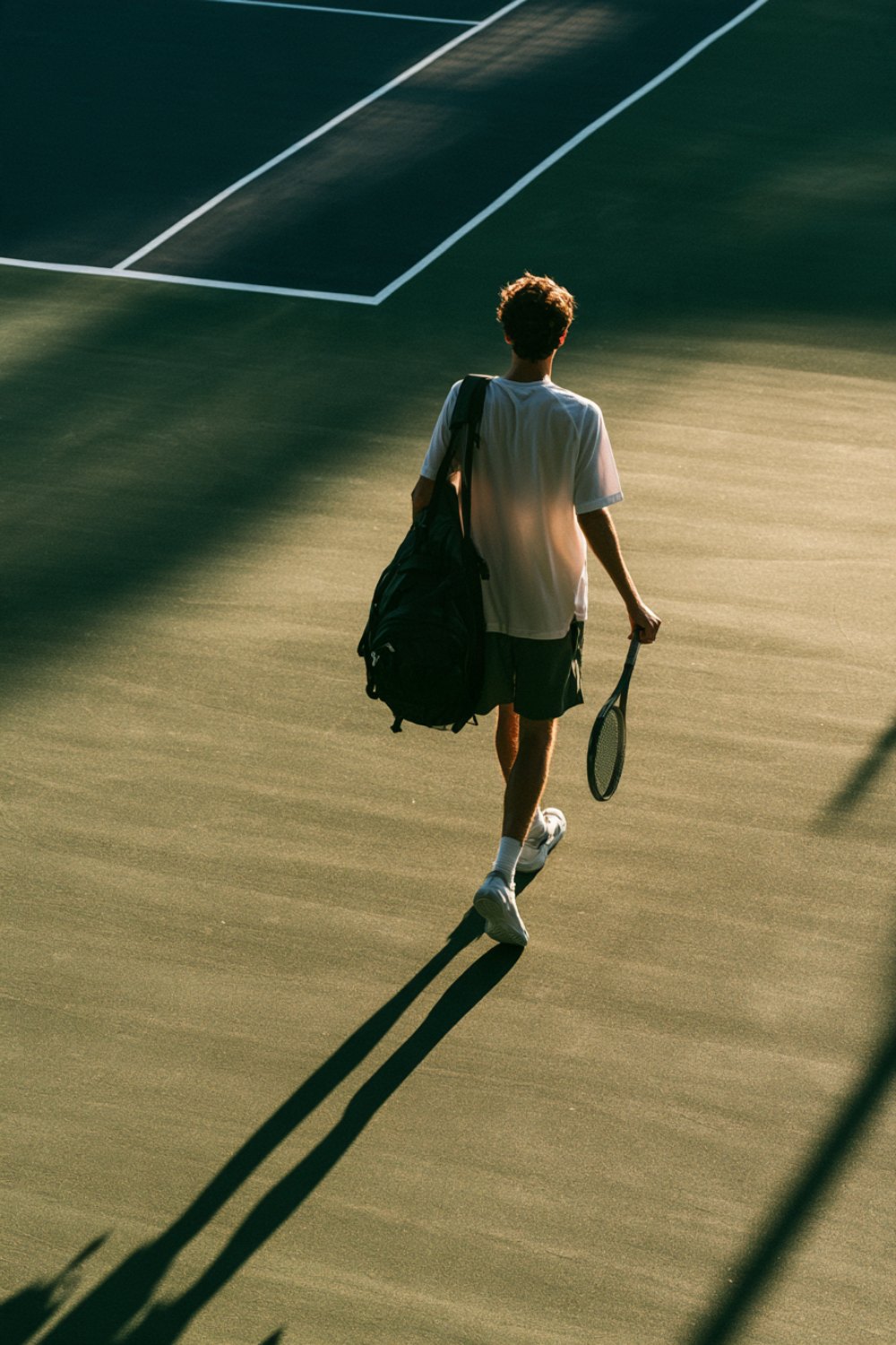 Player from behind walking across a green hard court with a racquet bag in long morning shadows