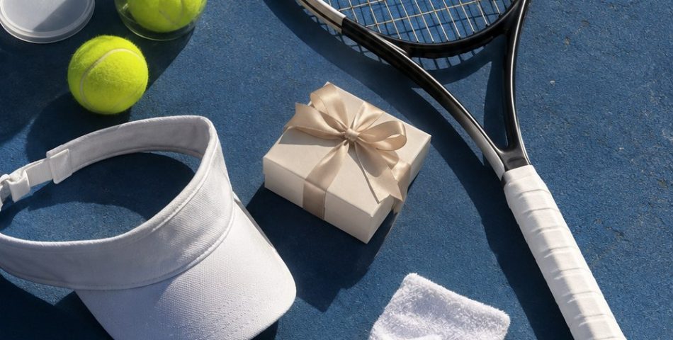 Flat lay on a blue hard court with a racquet, an open can of yellow balls, wristbands, a white visor and a small gift box