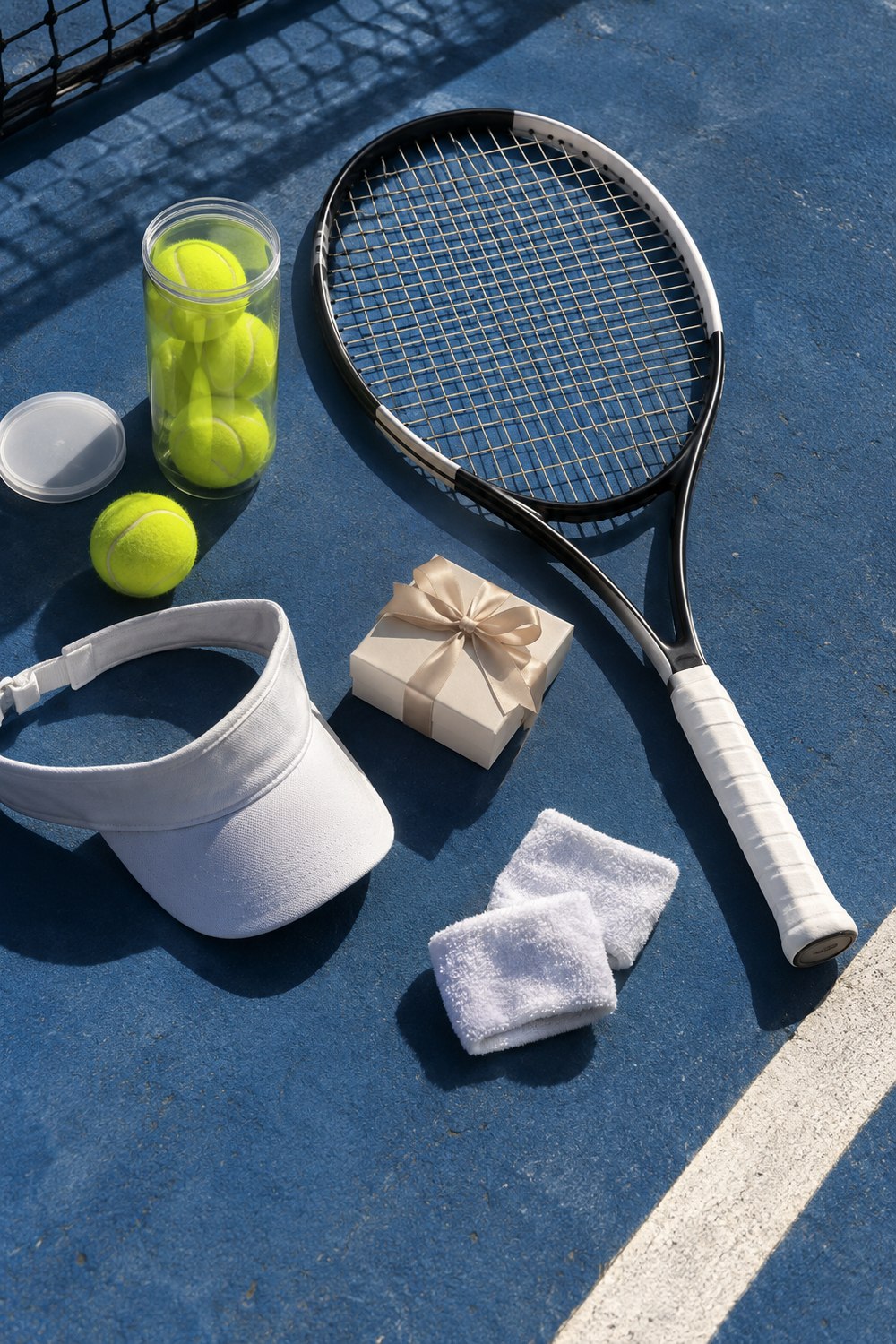 Flat lay on a blue hard court with a racquet, an open can of yellow balls, wristbands, a white visor and a small gift box