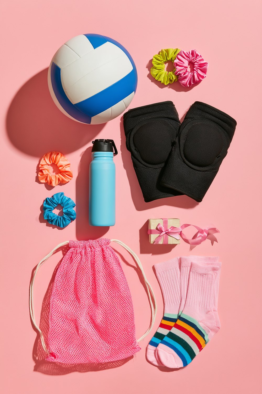 Flat lay of volleyball gift ideas on a pink background: a blue and white volleyball, black knee pads, scrunchies, a water bottle, striped socks and a mesh drawstring bag