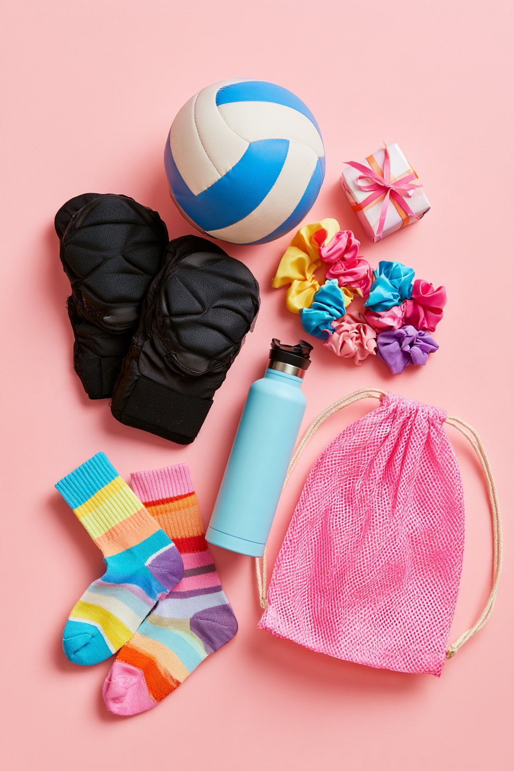 Volleyball gifts laid out on pink with knee pads, colorful scrunchies, rainbow socks, a light blue bottle and a pink mesh backpack