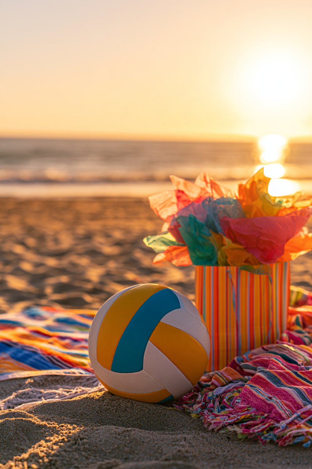 Volleyball resting on a striped beach towel in the sand beside a gift bag with bright tissue paper at sunset