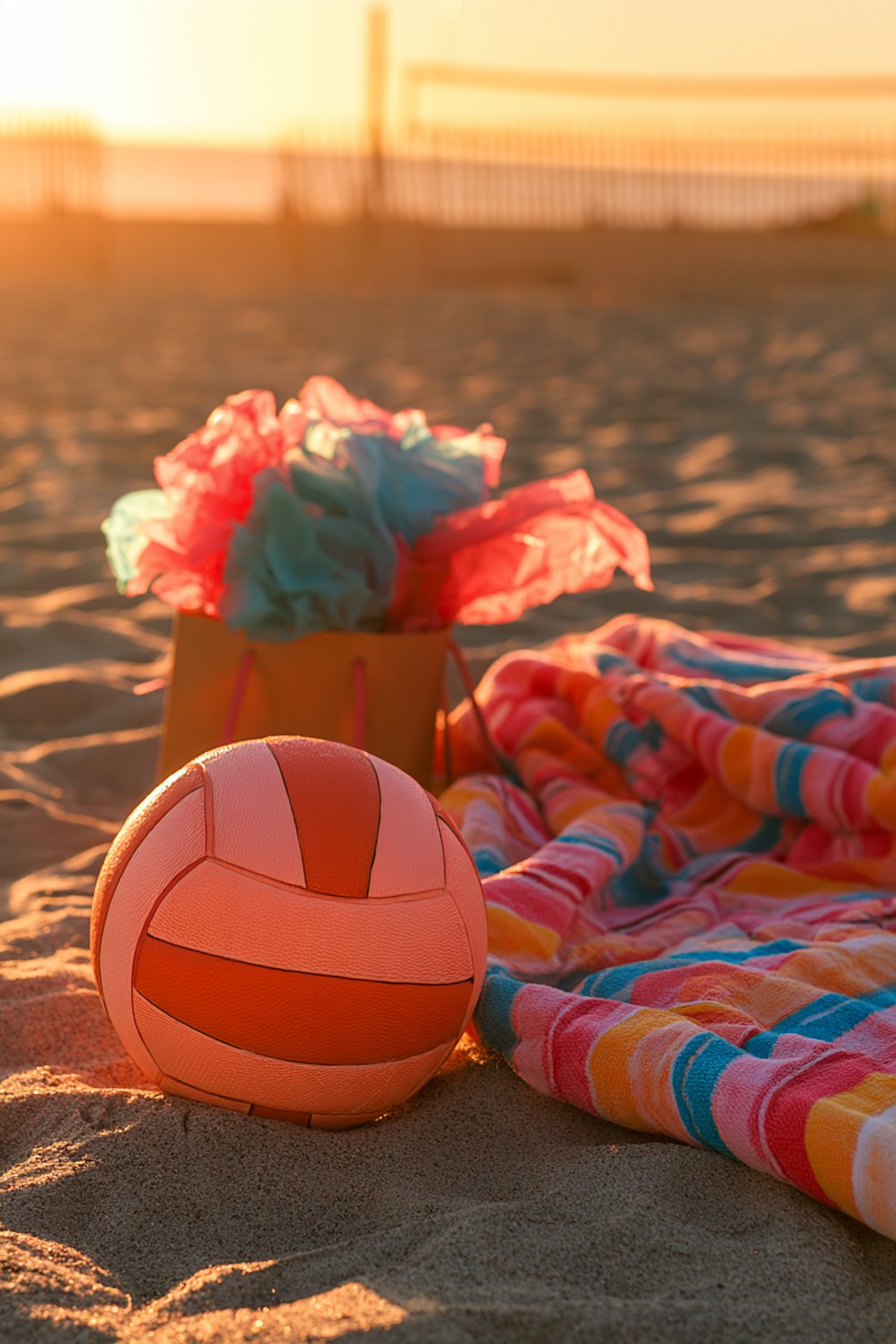 Orange and white beach volleyball on a colorful towel next to a gift bag on the sand at golden hour