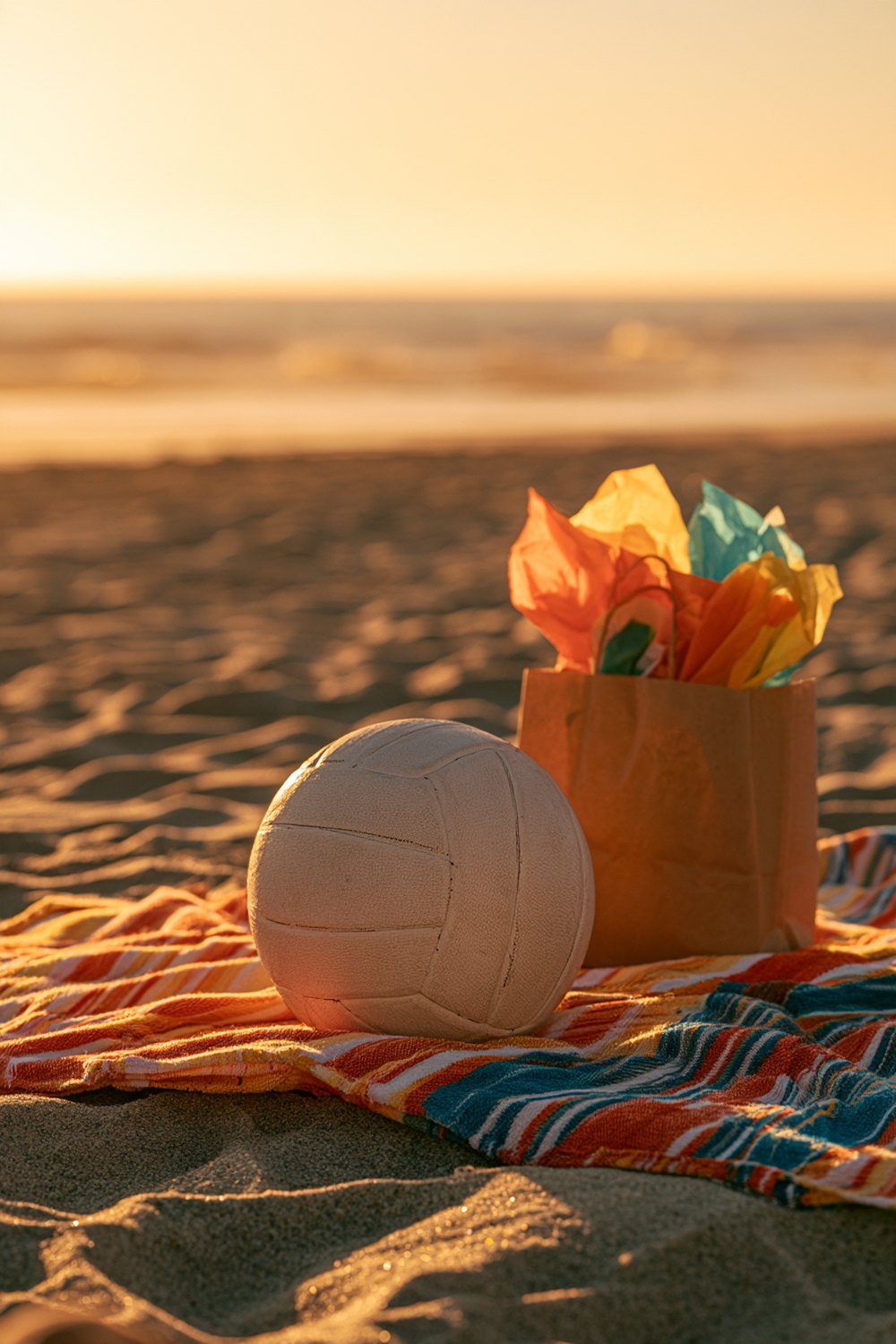 White volleyball beside a paper gift bag with tissue paper on a beach towel as the sun sets over the water